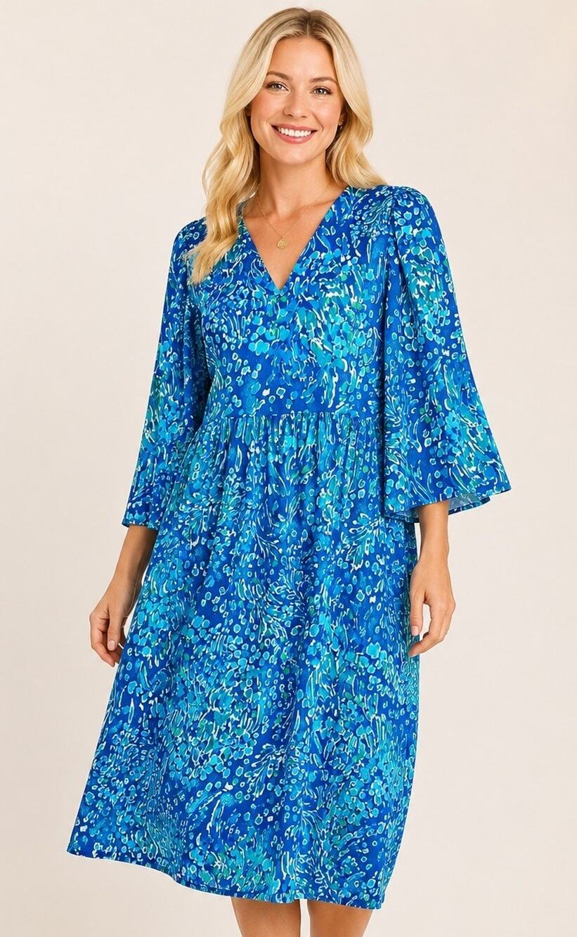 Tyler Boe Lana Capri Floral Dress L Resort Coastal 100% Cotton Blue Pockets